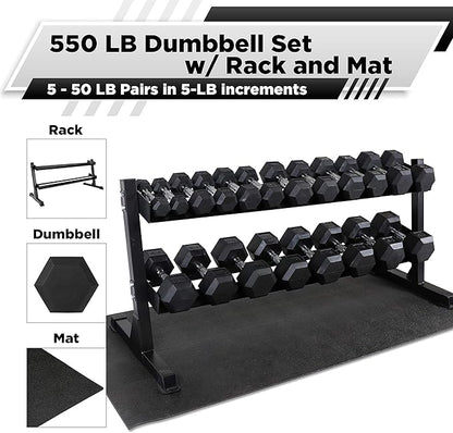 WF Athletic Supply Rubber Coated Hex Dumbbell Set, Multiple Choices Available - Dumbbells with Rack Stand and Mat, or Dumbbells Only (200/550/1200/2100/3000 LB)