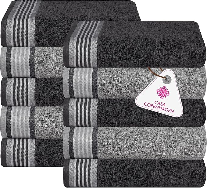 CASA COPENHAGEN® He & She 10 Pieces Hand Towel Set, Granite Grey + Mirage Grey, 550 GSM, 16x28 Inches, Designed in Denmark Super Soft and Absorbent, Egyptian Cotton Towels for Bathroom & Kitchen