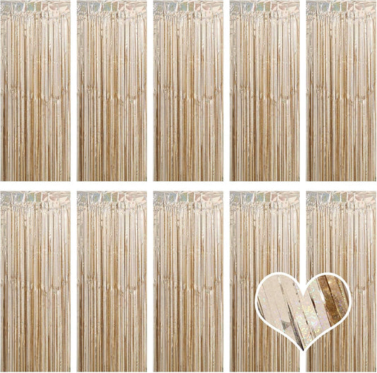 10 Pack Champagne Gold Backdrop Curtain 3.2ft x 8.2ft Metallic Tinsel Foil Fringe Curtains Photo Booth Background for Birthday Party Decoration Engagement Wedding Christmas Decor (Champagne Gold)