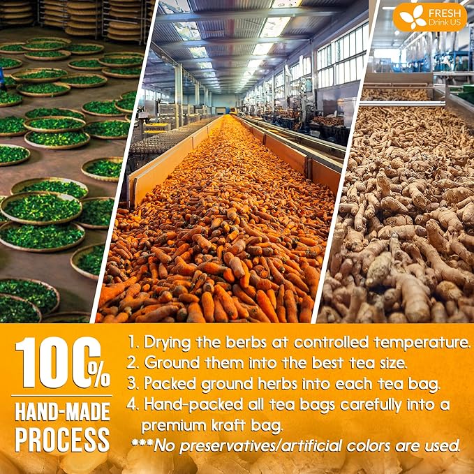 FreshDrinkUS, Premium 55 Tulsi Turmeric Ginger Tea Bags, 100% Natural & Pure from Tulsi Holy Basil Leaves, Turmeric and Ginger. Made with Natural Material Tea Bags. No Sugar, No Caffeine, Vegan.