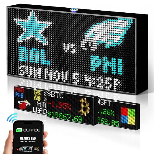 Glance LED Ticker: Real-Time Sports, Stock & Crypto Updates|No Subscription Required|Smart Clock|Home, Office & Man Caves|Great Gift Sports Fans & Investors Black 13/inch x 7/inch SN2000