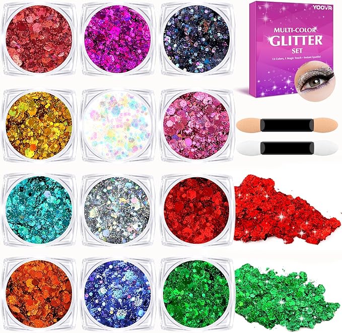 Body Glitter Face Glitter for Women Kids, 12 Colors Halloween Face Glitter, Hair Glitter Gel, Cheer Makeup Stuff, Face Painting Kit Rave Festival Party Christmas Makeup Accessories