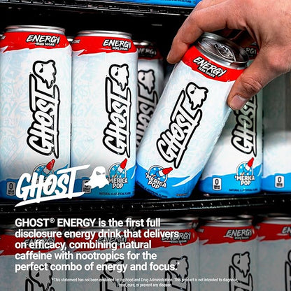 GHOST Energy Drink - 12-Pack, 'Merica Pop, 16oz Cans - Energy & Focus & No Artificial Colors - 200mg of Natural Caffeine, L-Carnitine & Taurine - Gluten-Free & Vegan