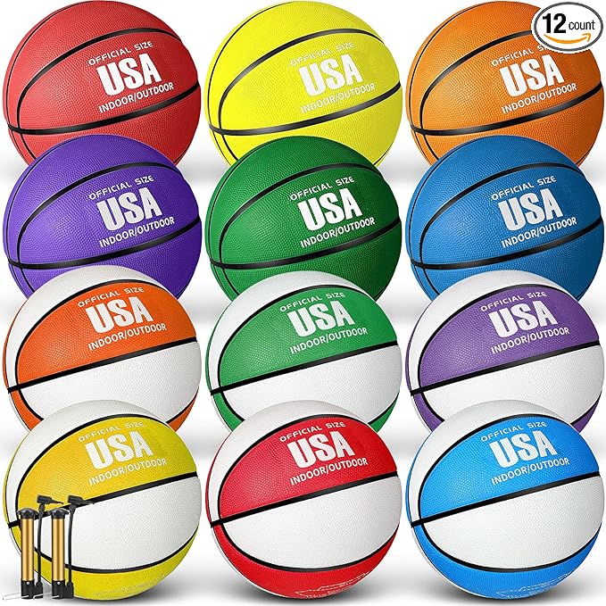 HyDren 12 Pcs Basketballs Bulk with Pump Donation Supplies Size 5/6/7 Deflated Basketball for Outside Sport Operation Machine Stitched Ball