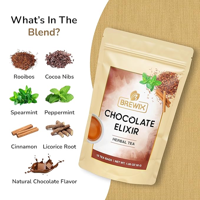 BREWIX, Chocolate Rooibos Herbal Tea (15 Pyramid Tea Bags) | Rich Red Tea with Cocoa, Cinnamon & Mint | Naturally Caffeine-Free | Dessert-Inspired Wellness Blend | Soothing Red Tea for Evening Comfort