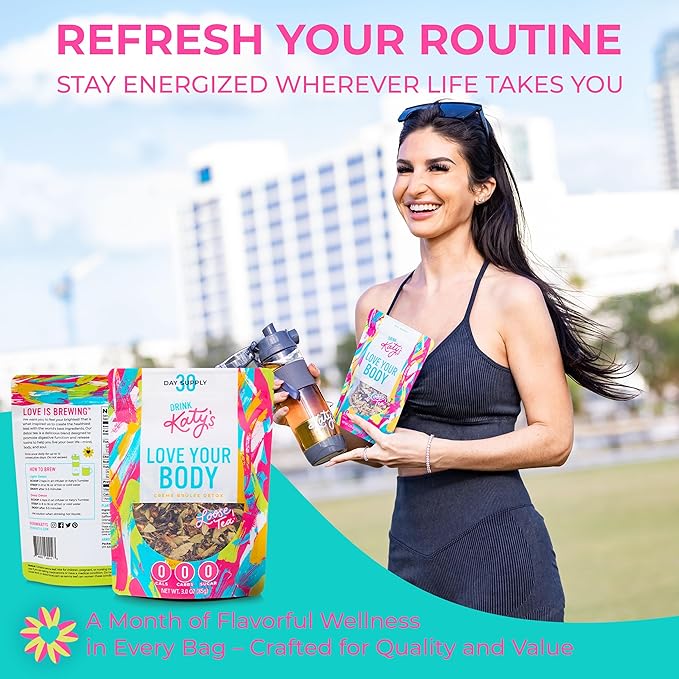 Katy’s Love Your Body Detox Tea | Green Tea, Ginger & Cinnamon | Lightly Caffeinated Herbal Wellness Blend | Crème Brûlée Flavor | Smooth & Comforting | 30+ Cups | Woman-Owned | 2.25oz Pouch