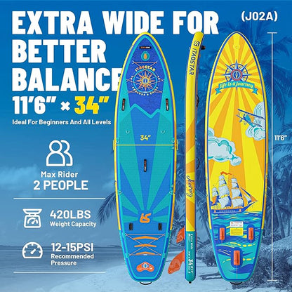 Journey 11'6" / 11'×34" / 11'×35" Extra Wide Paddle Board, One-Stop Premium SUP Board Accessories, Tailored Fins, Stable Inflatable Stand Up Paddle Boards for Youth/Adults of All Skill Levels