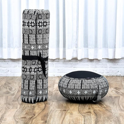 Leewadee Meditation Cushion Set – 1 Round Zafu Meditation Pillow and 1 Square Roll-Up Zabuton Meditation Mat, Pillows Bundle Filled with Kapok