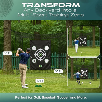 GrdnCare Golf Hitting Net 10x10x10ft – Golf Practice Net with Silent Target Tarp, Mat & Tee with Carry Bag (No Metal Frame) – Indoor Practice for Backyard or Garage & Outdoors