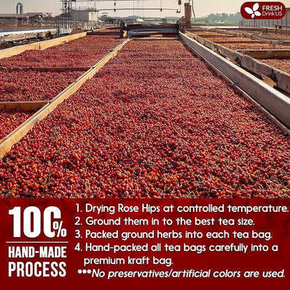 FreshDrinkUS, Premium 55 Rosehip Tea Bags, 100% Natural & Pure from Rose Hip Fruits. Loose Rosehip Herbal Tea. Made with Natural Material Tea Bags. No Sugar, No Caffeine, No Gluten, Vegan.