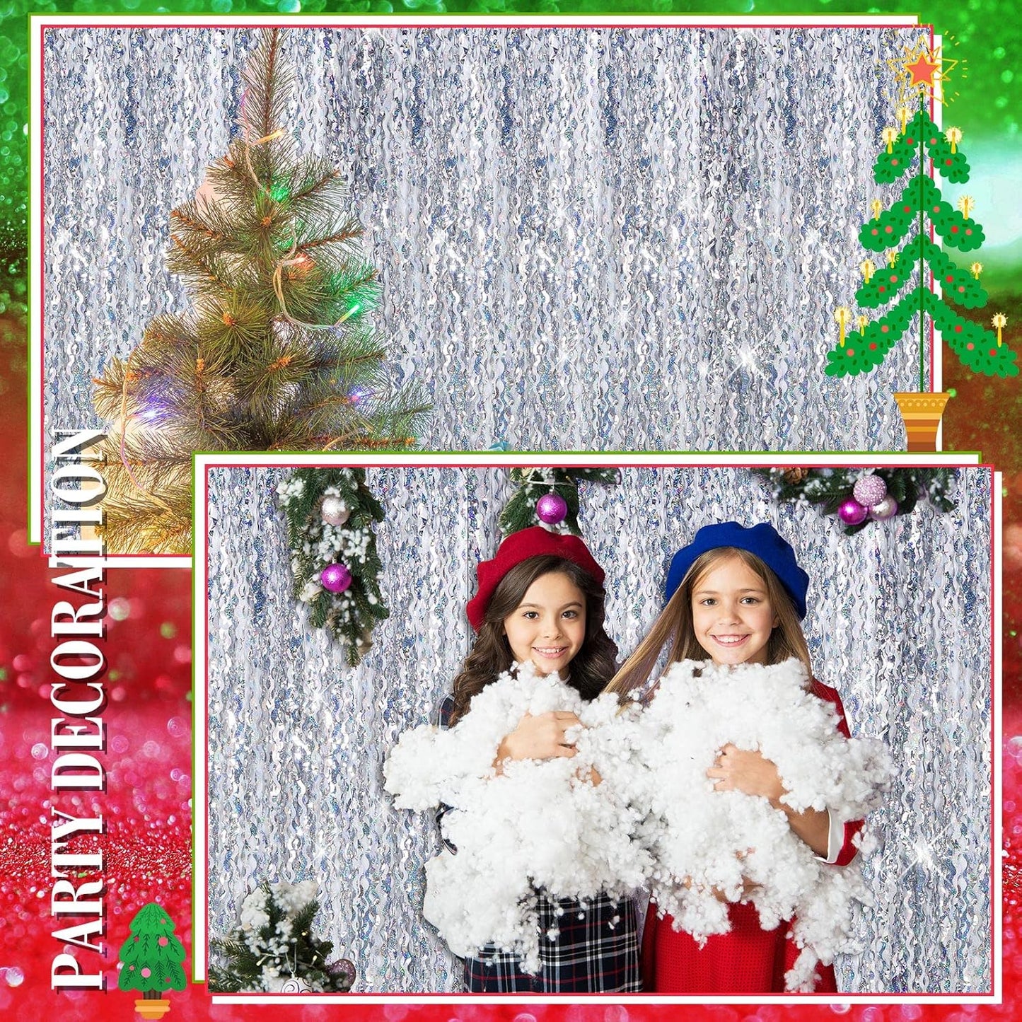 10 Pieces 3.3 x 6.6 Ft Foil Fringe Backdrop Party Wavy Tinsel Fringe Curtain Streamer for Happy New Year Carnival Party Favor 80s 90s Disco Ocean Sea Mermaid Birthday Wedding(Silver)